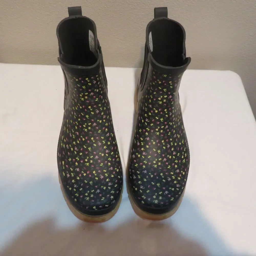 Western Chief Black Floral Chelsea Rain Boots with Pink, Yellow & Green Accents
